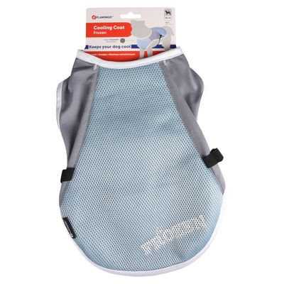 Manteau rafraîchissant Flamingo Cooling Coat Frozen, taille 35 cm, tissu filet gris et bleu clair, texte visible : Keeps your dog cool. Pour chien, emballage avec illustration de chien.